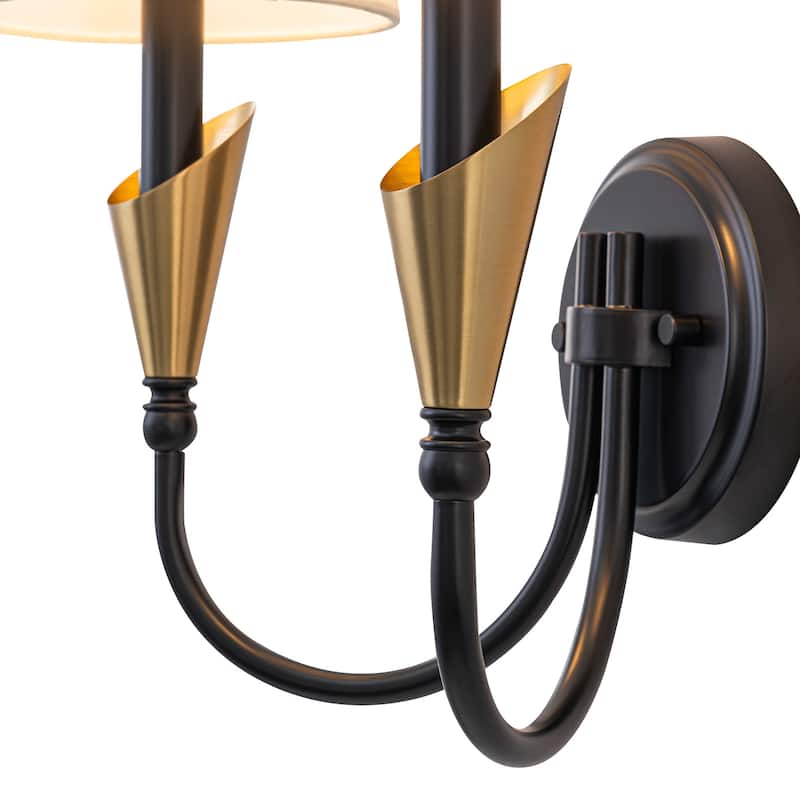 2-Light Matte Black & Gold Wall Sconce Traditional Fabric Shades