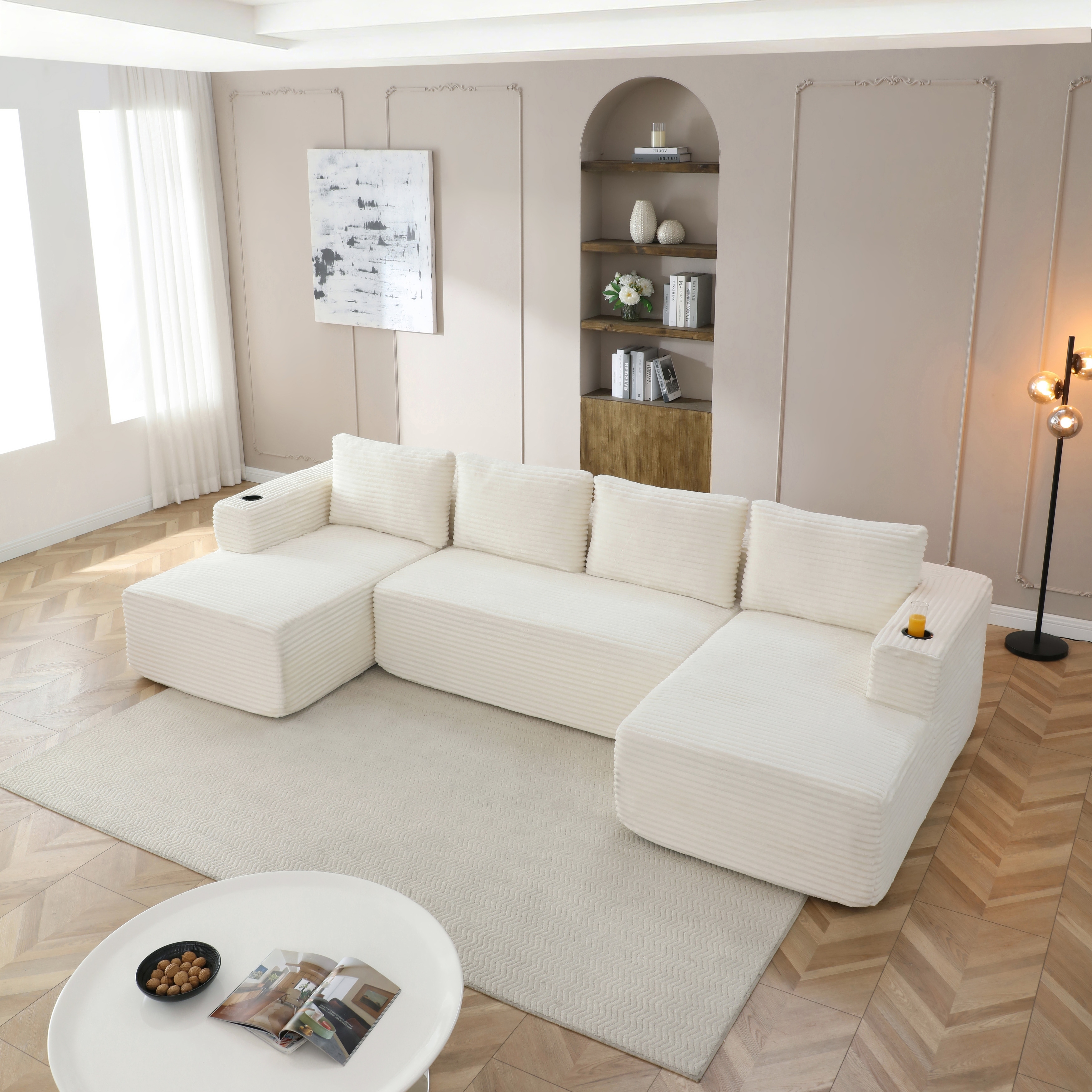 132" Oversized Lazy Cloud Boneless Sofa Couch with Chaise and 2 Cupholders