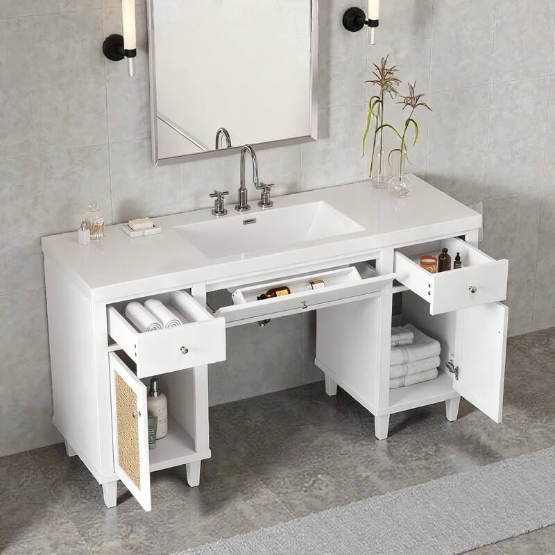 60" Bathroom Vanity with SMC Sink, Freestanding Single Sink Cabinet with Soft-Close Drawers, Tip-Out Tray & Rattan Doors