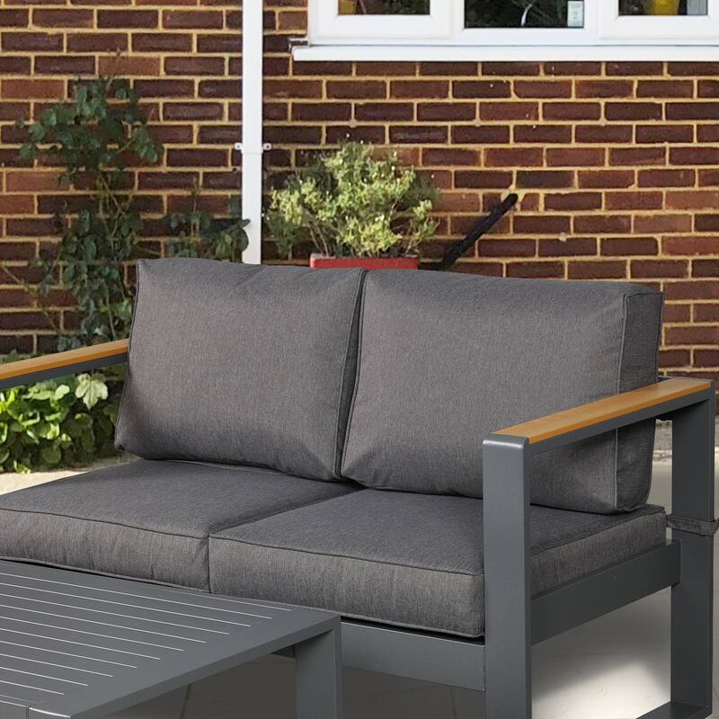 Aoodor Outdoor Aluminum Frame Loveseat with Grey Cushions, 53"W x 26"D x 26"H
