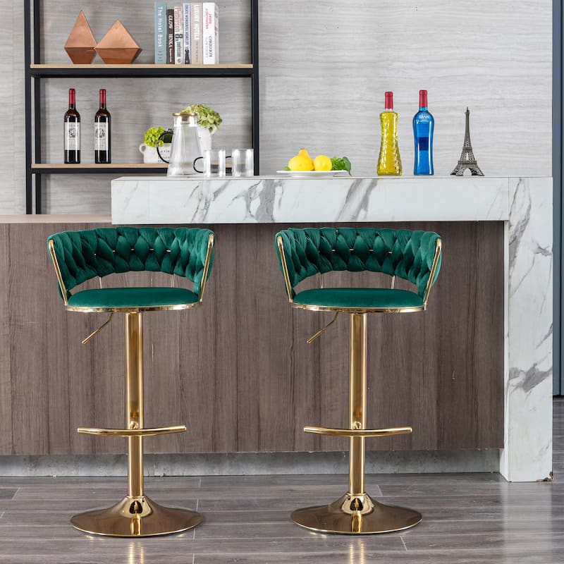 Set of 2 Adjustable Swivel Bar Stools, Green Velvet with Chrome Footrest & Gold Legs