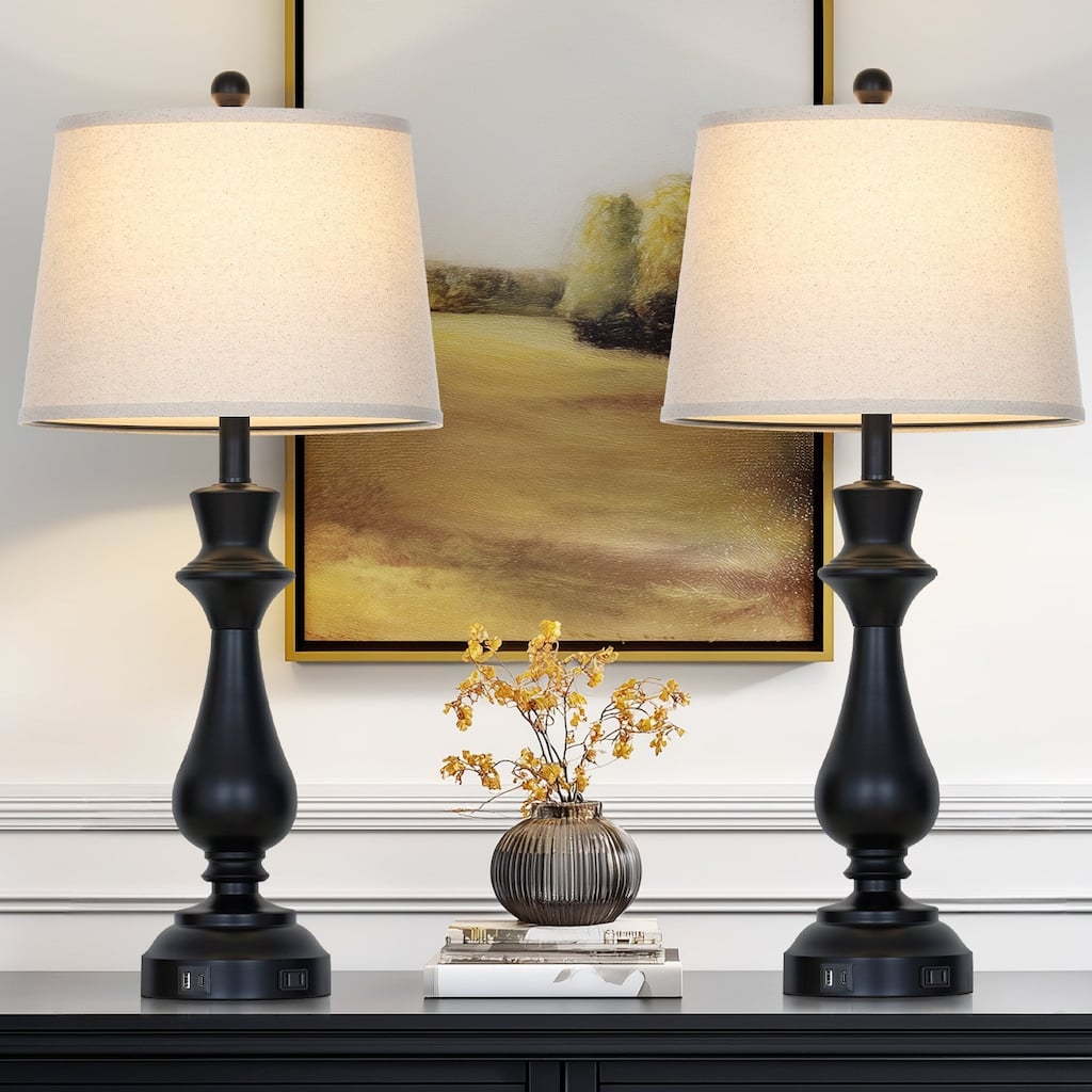 29.5'' Black Table Lamps with Oatmeal Shade, USB/Type-C Ports & AC Outlet Touch Dimmable Control (Set of 2)