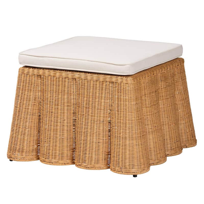 Palm Scallop Natural Rattan Ottoman with Cushion – Handwoven Wicker Accent Bench or Footrest for Living Room or Sunroom, Square - Natural - Medium