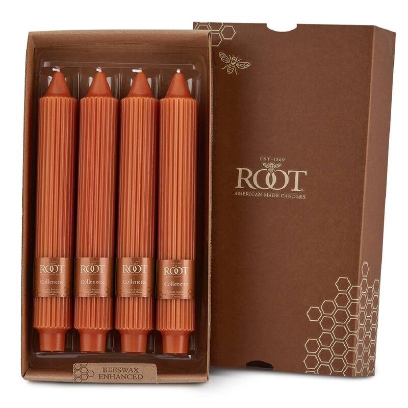 Root Unscented Grecian Collenette Taper Candles box of 4 - 9 X 1-1/4 - Rust