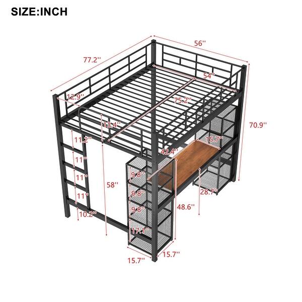 dimension image slide 1 of 2, Industrial Modern Full Size Metal Loft Bed with Built-in Desk and Shelves, Space-saving Functionality, High Security, Black