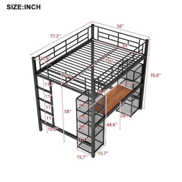 dimension image slide 0 of 2, Modern Design Full Size Loft Bed with Built-in Ladder,Metal Desk and Shelves