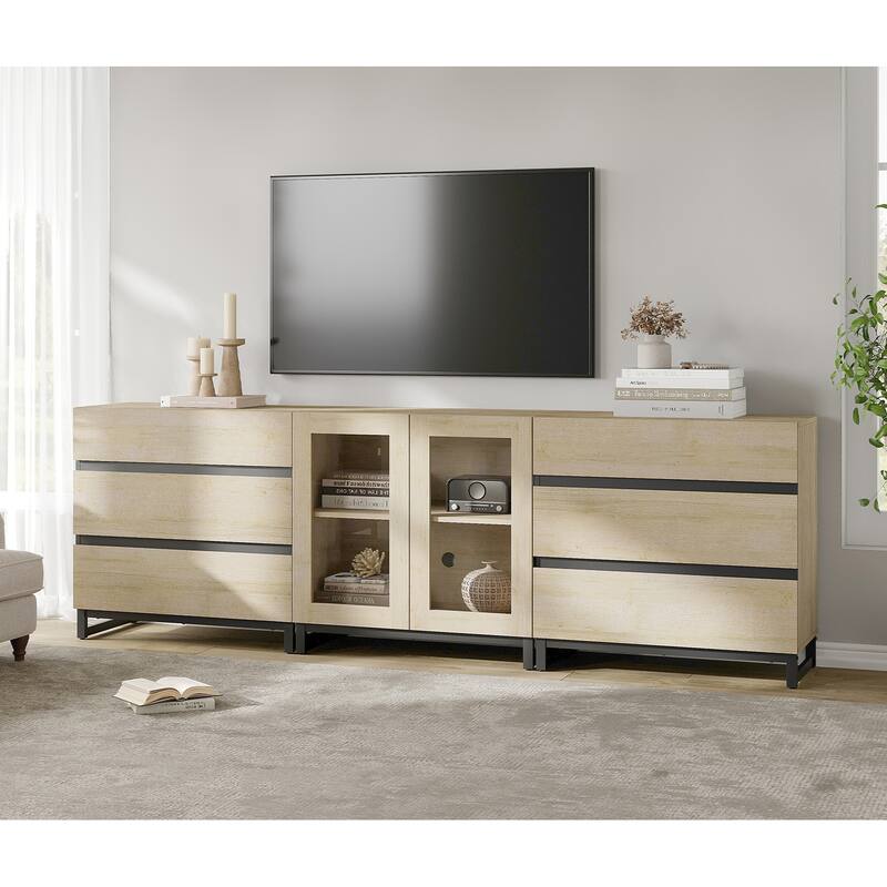 3 In 1 TV Stand for Tvs Up to 100 Inch, Modern TV Console with Glass Doors and 6 Drawers, Entertainment Center for Living Room - 94.5 inches - Beige