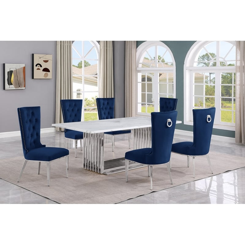 Best Quality Furniture D312/3-SC330-7 Dining Set with 79" White Marble Top - 7-Piece - Navy Blue / Silver