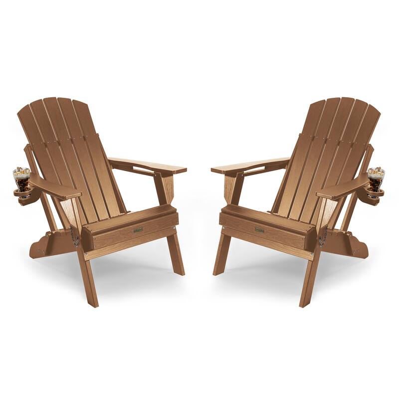 WINSOON All Weather HDPE Outdoor Folding Adirondack Chair With Cup Holder,Set of 2 - Teak