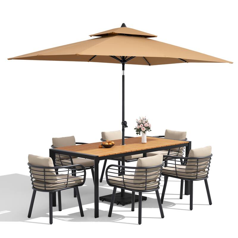 9/11-Piece Outdoor Dining Set w/10 ft Umbrella and Base Aluminum Dining Table and Chairs with Sunbrella Cushions