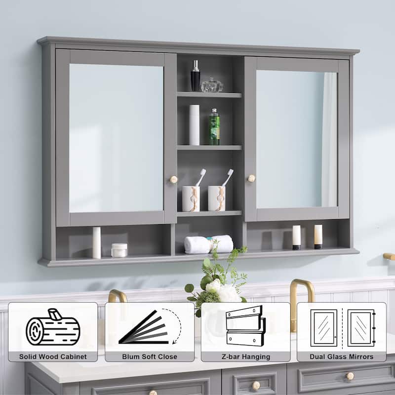 Modern Surface Mount Solid Wood Framed Medicine Cabinet With Mirror and Shelves