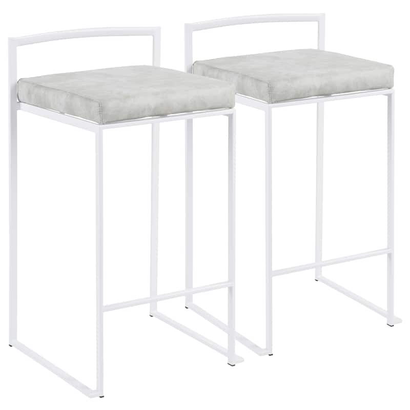 Lumisource Counter Stool in White with Grey Faux Leather - Set of 2 - 16"Lx17.5"Wx31"H - cowboy light grey