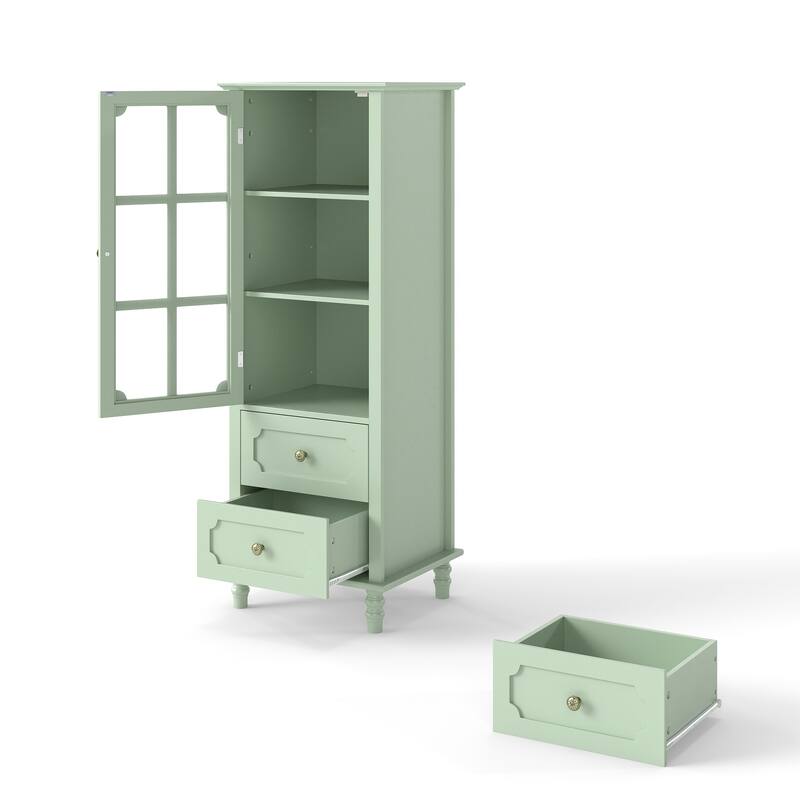 Minimalism Buffet Cabinet with Glass Doors and Double Drawer, Modern Wooden Storage Sideboard Cupboard