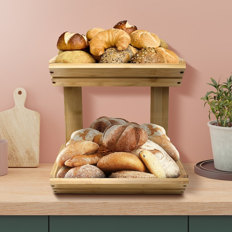 Bamboo Fruit Vegetable Basket Kitchen Counter Stand 2-Tier Storage