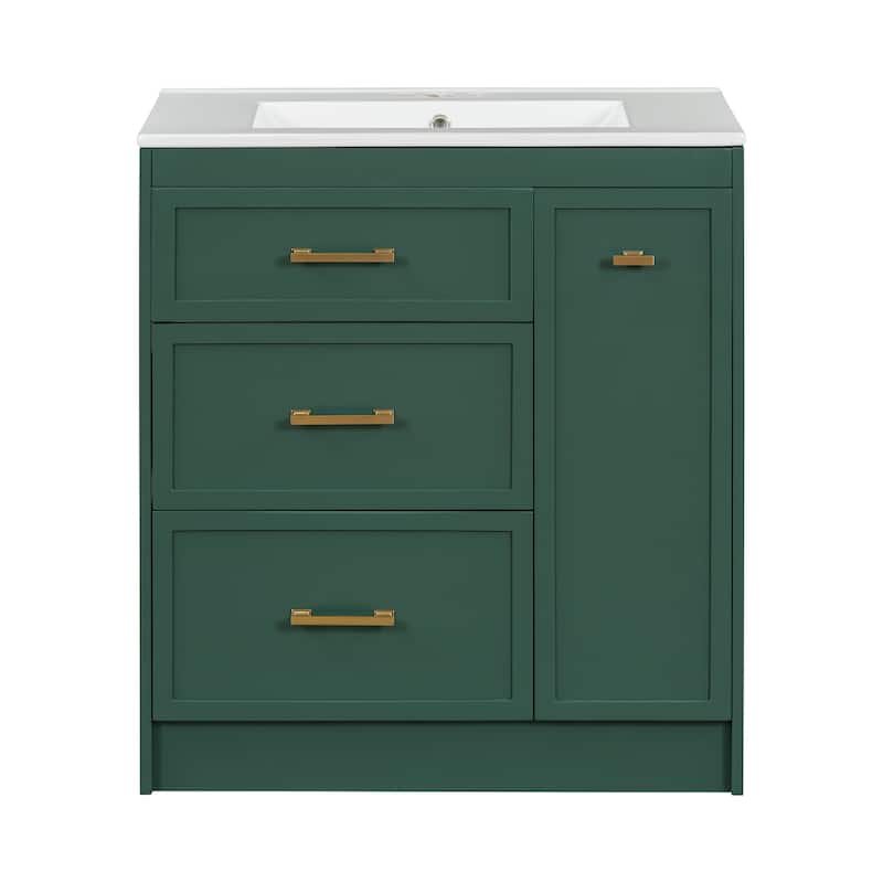Classic Floor Storage Cabinet Freestanding Vanity for Bathroom with Side Double Layer Drawer, 2 Drawers and Gold Handles