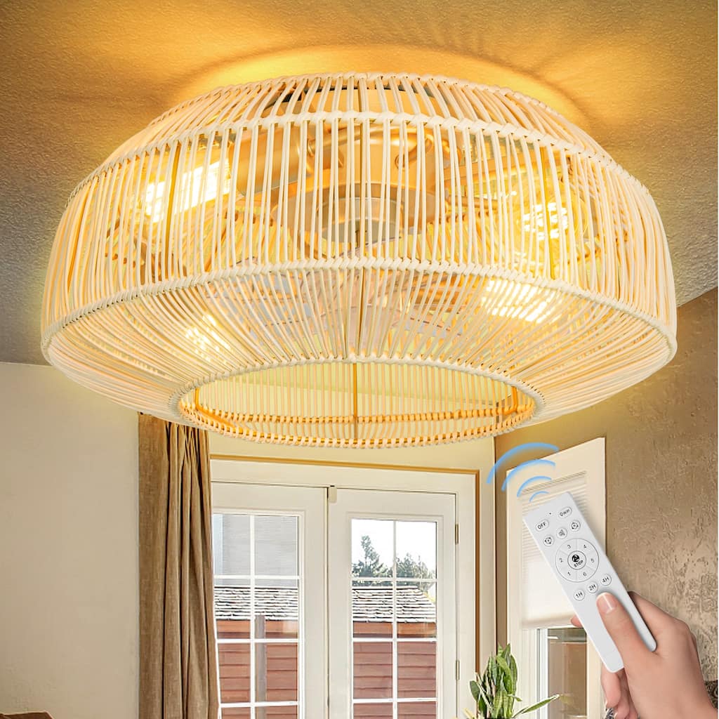 20 in. 4-Lights Indoor Gold Rattan Flush Mount Ceiling Fan Low Profile Ceiling Fan with Remote Included No Bulbs for Kids Room