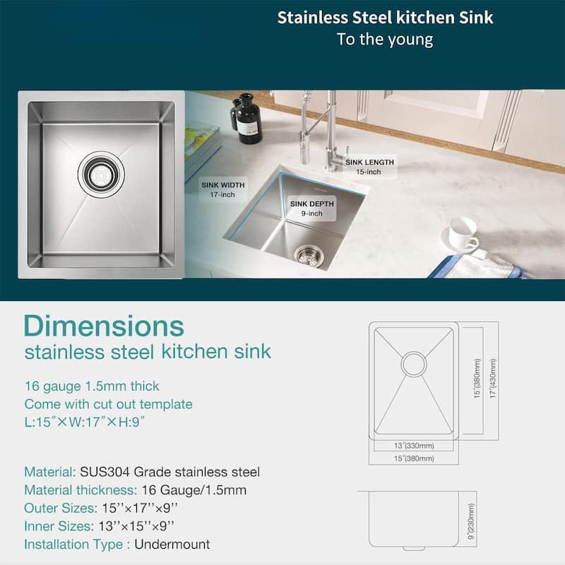Undermount Single Bowl Stainless Steel Kitchen Sink 16 gauge-ALL SIZE