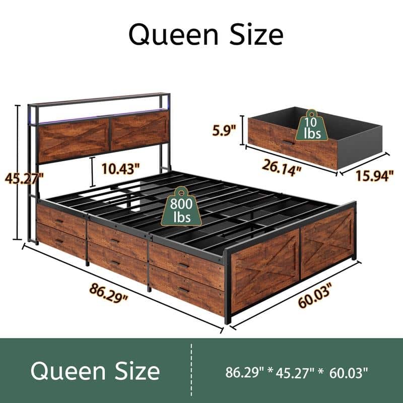 Queen Size Platform Bed with Storage Headboard and 12 Drawers,LED Lights