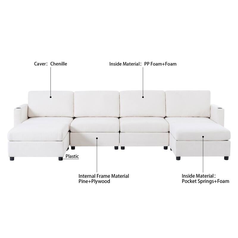 Modern U-Shape 6-Seater Sectional Sofa Bed with Storage Ottomans, Chenille Fabric