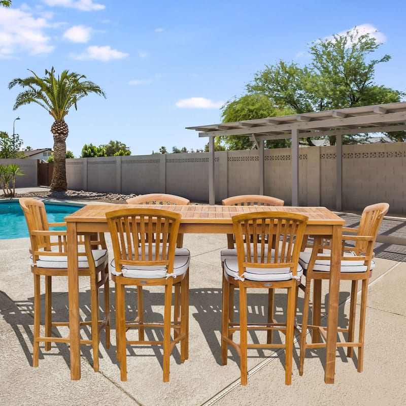Chic Teak 7 Piece Teak Wood Orleans Patio Bistro Bar Set, 63" Bar Table, 2 Bar Chairs w/ Arms & 4 Armless Bar Chairs