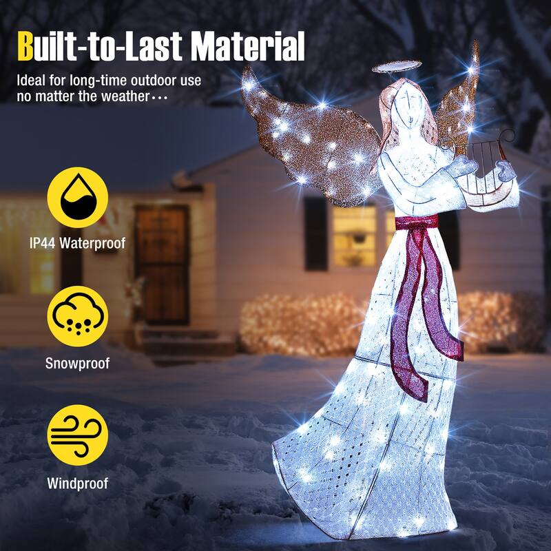Gymax 5 FT Lighted Angel w/ Harp LED Lights Halo Zip Ties & Ground - Multi - See Details