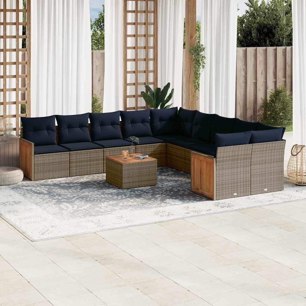 vidaXL 11 Piece Patio Sofa Set with Cushions Gray Poly Rattan - 113.8x27.2x112.6