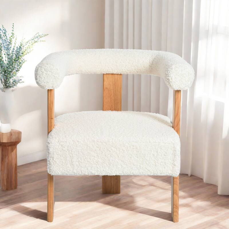 White Mid-Century Modern 25" Upholstered Barrel Accent Chair with Rubber Wood Legs