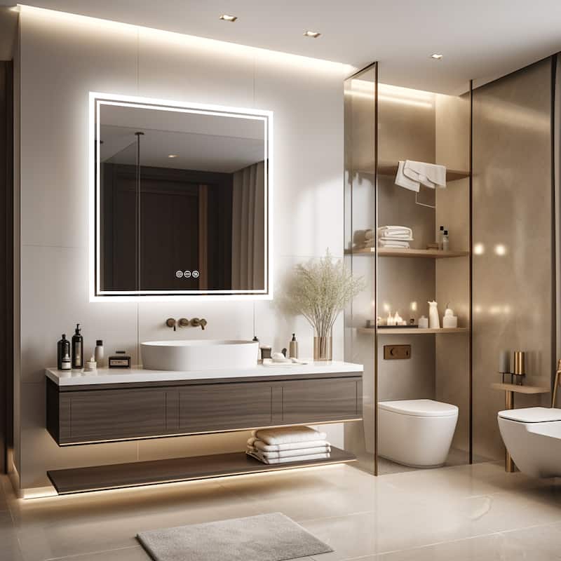 Bathroom Mirror Square Big LED Mirror Vanity Makeup Dimmable Anti-Fog - 32*32"