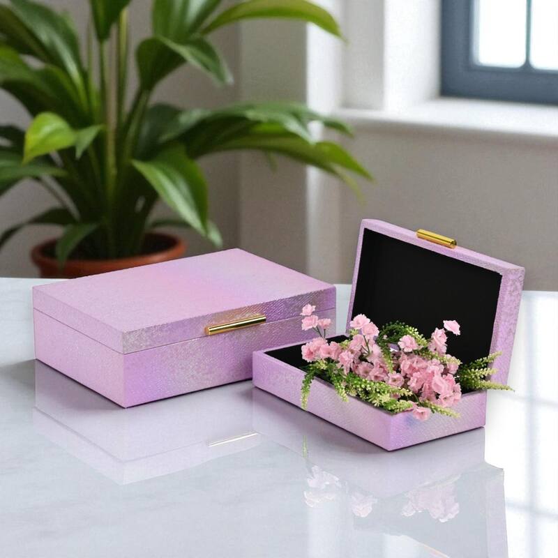 Nimue Set of 2 Rectangular Decorative Storage Boxes - Prismatic Fish Scale Pattern with Gold Hardware - Pink