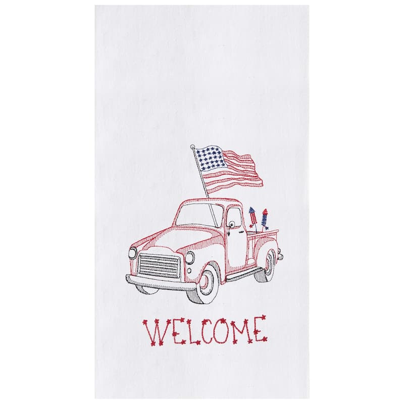 Patriotic July Fourth Red Truck Flour Sack Embroidered Kitchen Towel