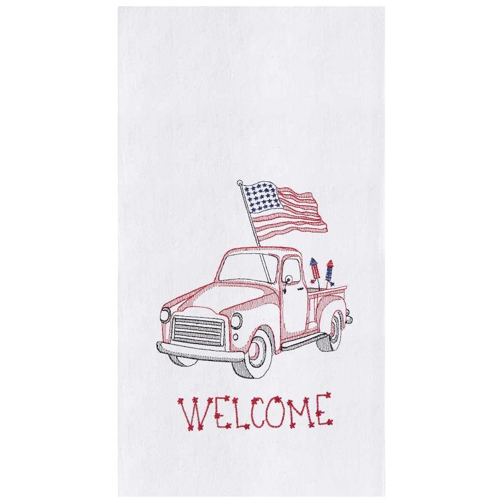 Patriotic July Fourth Red Truck Flour Sack Embroidered Kitchen Towel