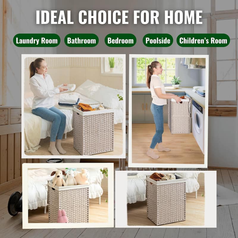Laundry Hamper with Lid, 100L Wicker Laundry Baskets with 2 Removable Liner Bags - 18"Lx13.5"W x24"H