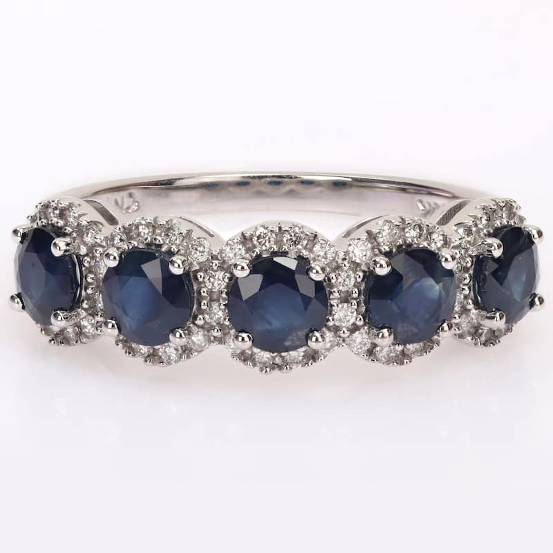 Miadora Blue Sapphire and 1/5ct TDW Diamond 5-Stone Halo Semi-Eternity Band Ring in 14k White Gold