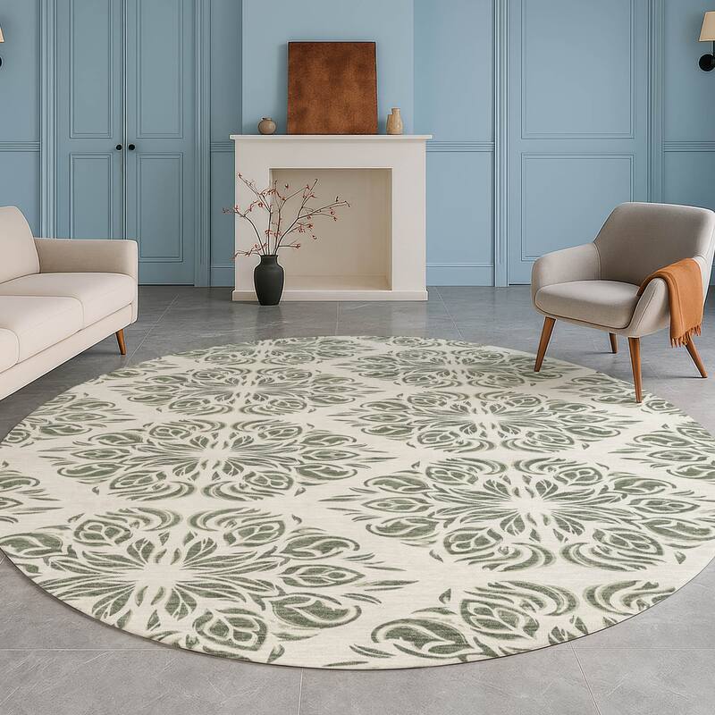 Machine Washable Indoor/ Outdoor Damask Pearl Chantille Rug