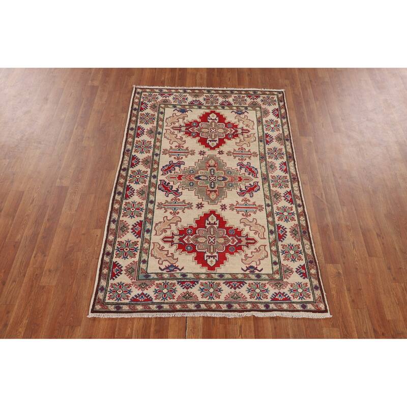 Geometric Kazak Oriental Accent Rug Hand-Knotted Wool Carpet - 3'11" x 5'11"