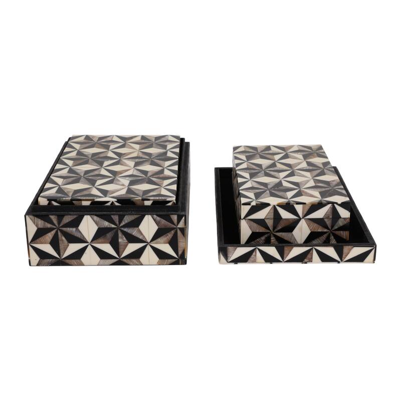 Polyresin Wood Storage Box Casual (Set of 3) - 4" Ivory/Black - 12" x 8" x 3.5"