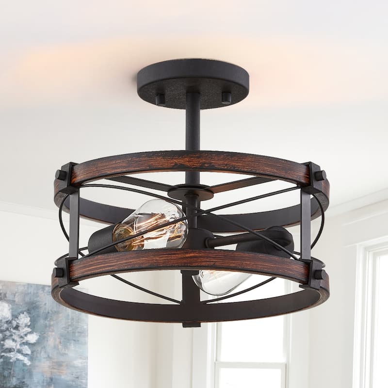 Richwood 2-Light Rustic Semi-Flush Mount Ceiling Light with Distressed Black/Wood Tone - 15'' Dia