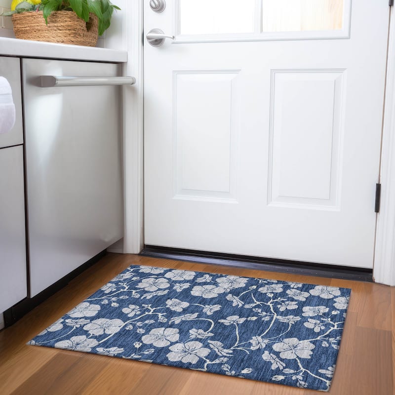 Premium Washable Super Soft Modern Floral Mayfield Rug - Navy - 1'8" x 2'6"