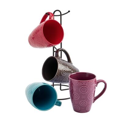 Tabletops Avenue 5PC 15.5 oz Embossed Mug Tree Set with Metal Rack - Assorted