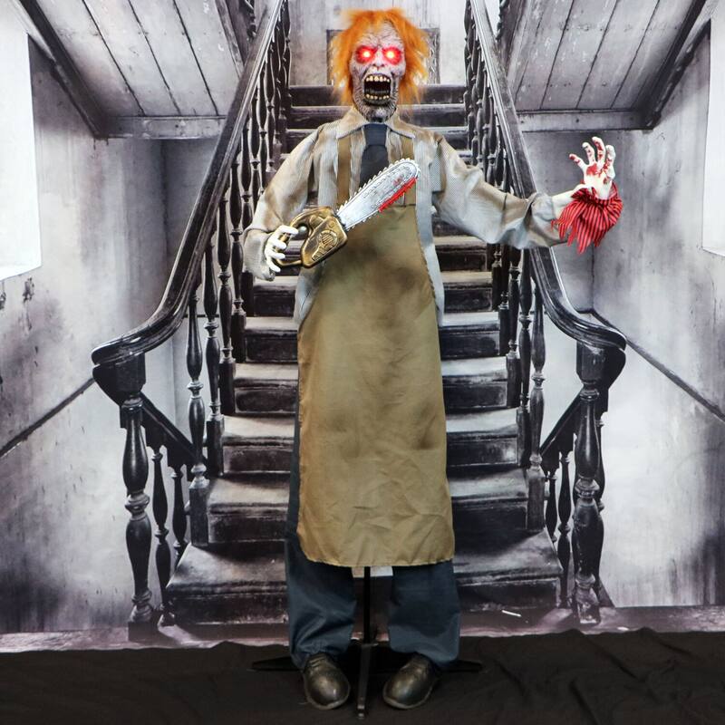Haunted Hill Farm Animatronic Zombie Carver with Movement, Sound, and Light-Up Eyes for Scary Halloween Decoration