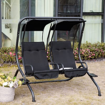 Outdoor 2 Person Steel Patio Hanging Swing Seat with Overhead Shade Protective Canopy & Solid Comfortable Design