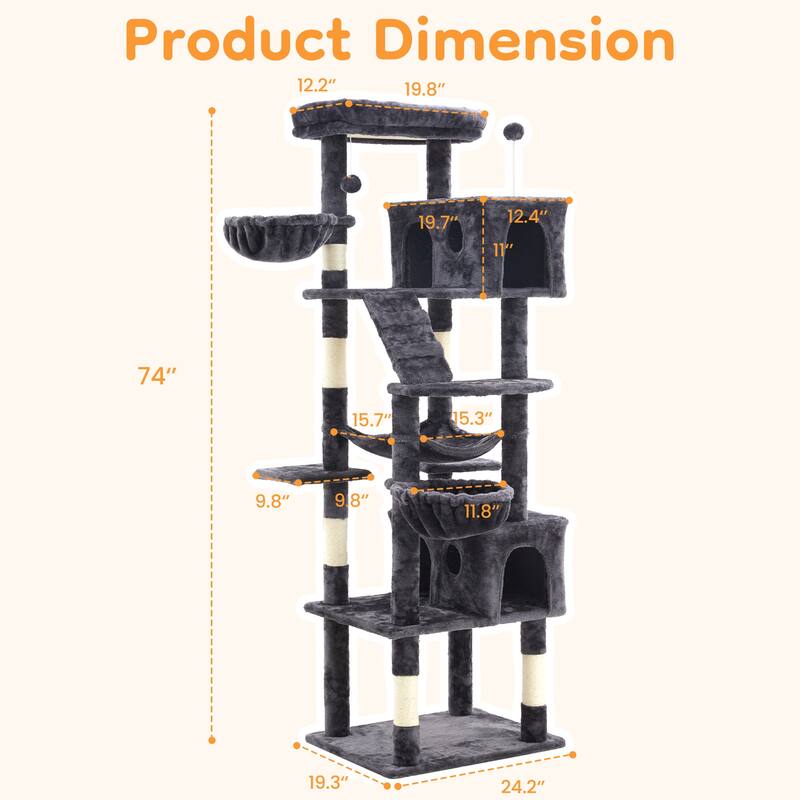 73" Multi-Level Cat Tree Tower with Condos, Hammock & Scratching Posts - Sturdy Cat Furniture for Large Cats