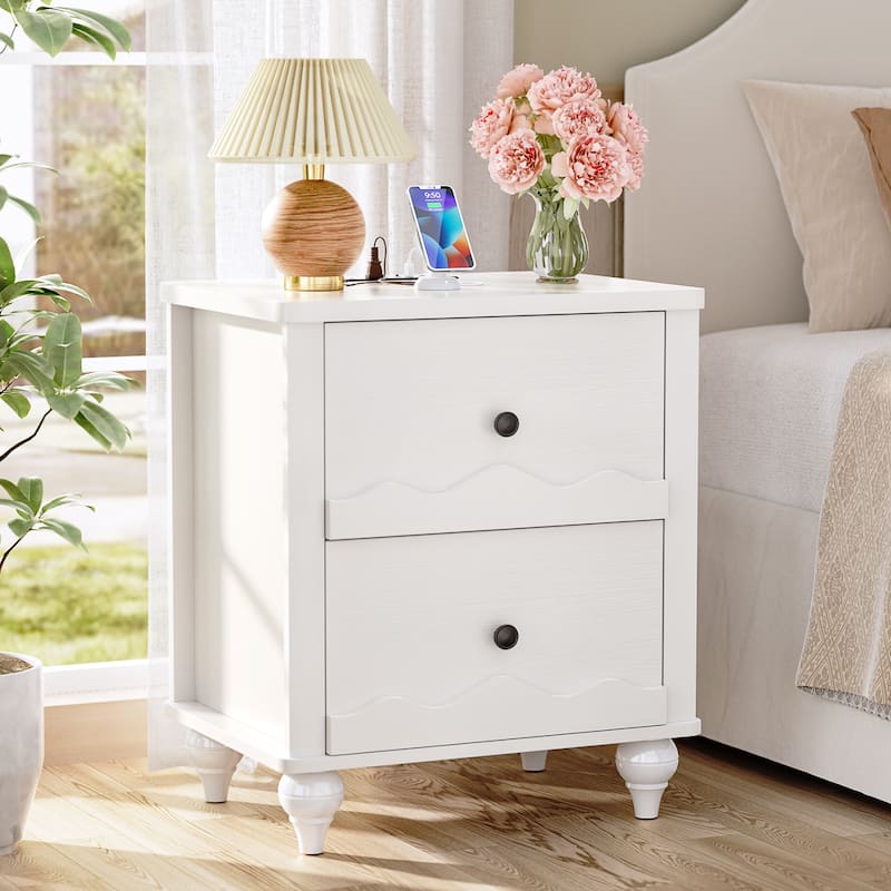 Modern Nightstand with Charging Station, Side End Table with 2 Drawers - White - 2-drawer