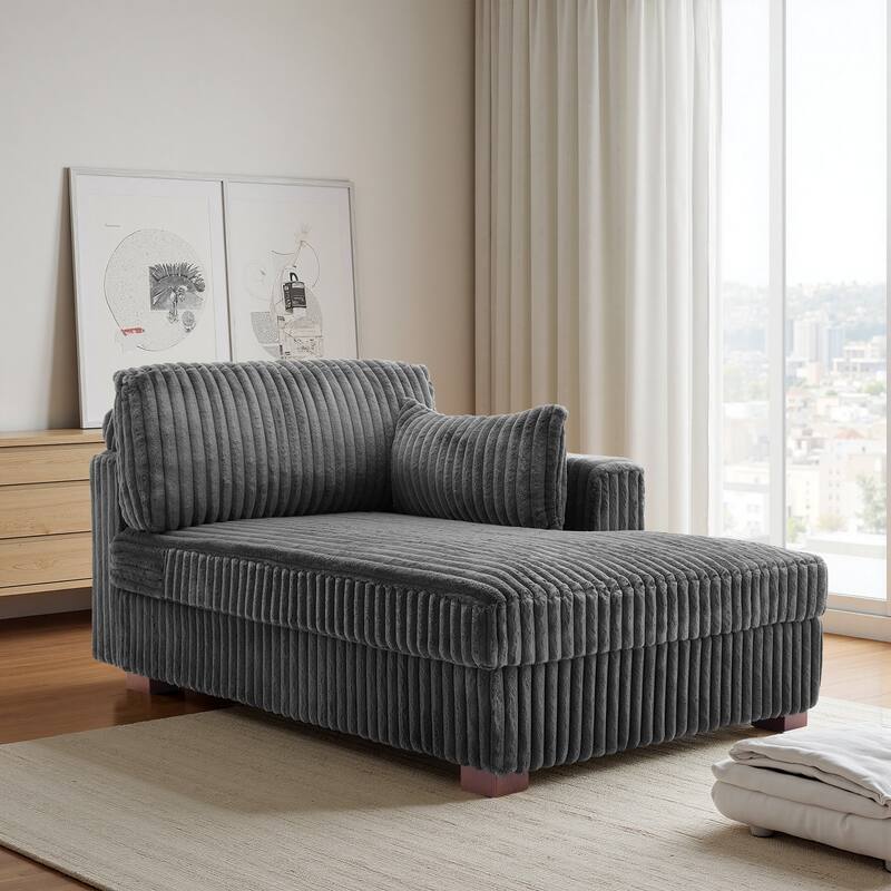 42" W Plush Corduroy Upholstered Chaise Lounge Sleeper for Living - Chaise-Right Facing - Grey