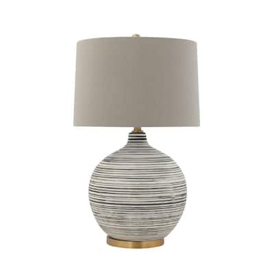 Textured Black & White Striped Ceramic Table Lamp with Grey Linen Shade