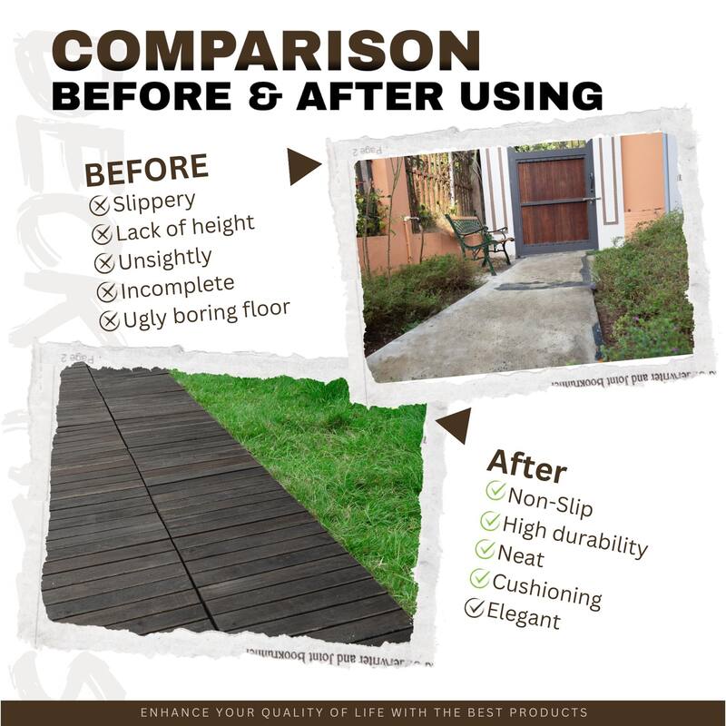 10 PCS Interlocking Deck Tiles Striped Pattern, 12" x 12" Dark Brown Square Acacia Hardwood Outdoor Flooring