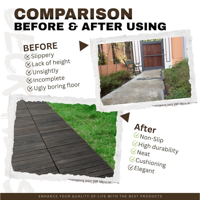 30 PCS Interlocking Deck Tiles Striped Pattern, 12" x 12" Dark Brown Square Acacia Hardwood Outdoor Flooring