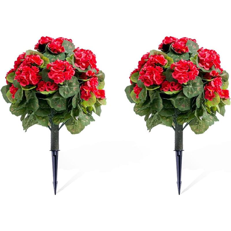 21.6" Artificial Topiary Flower with Ground Spike Set of 2,Artificial Topiary Ball Trees with Silk Flowers - Red