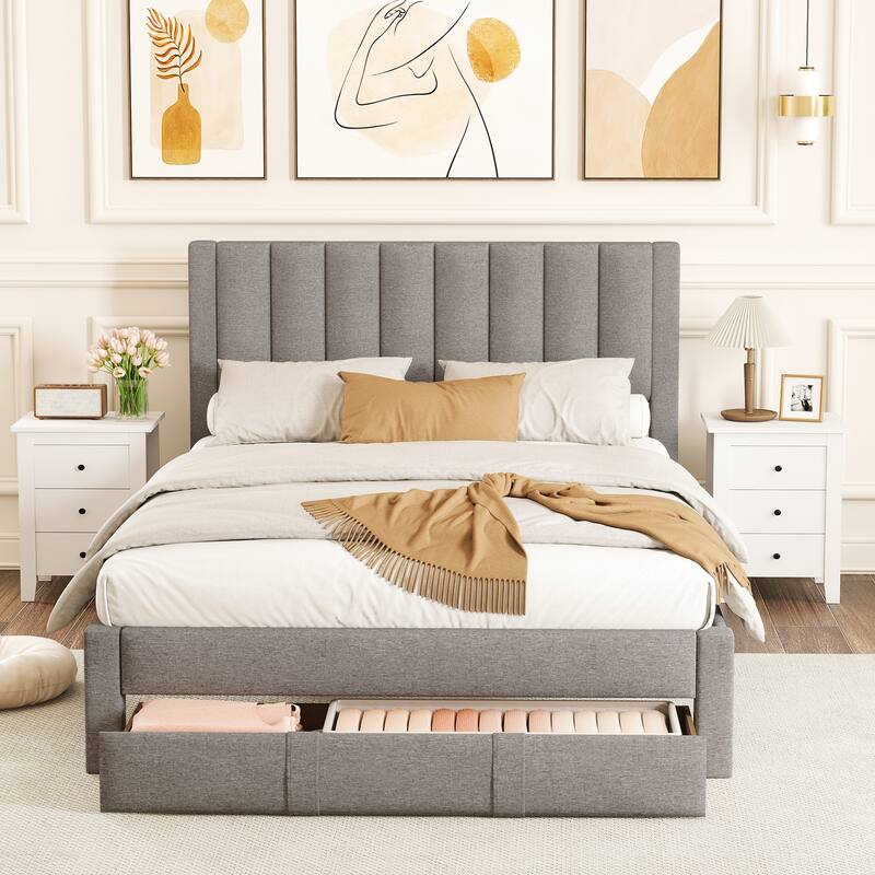 Gymax Queen Size Bed Frame w/Storage Drawer & Vertical Channel