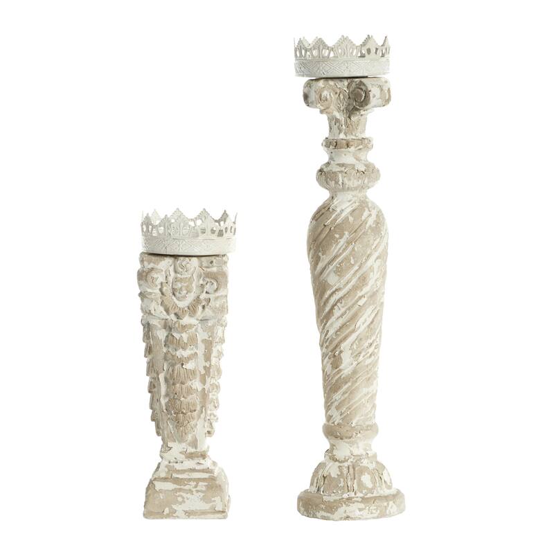 Glass Scroll Candle Holder with White Crown - Set of 2 Beige - Roche River Decor
